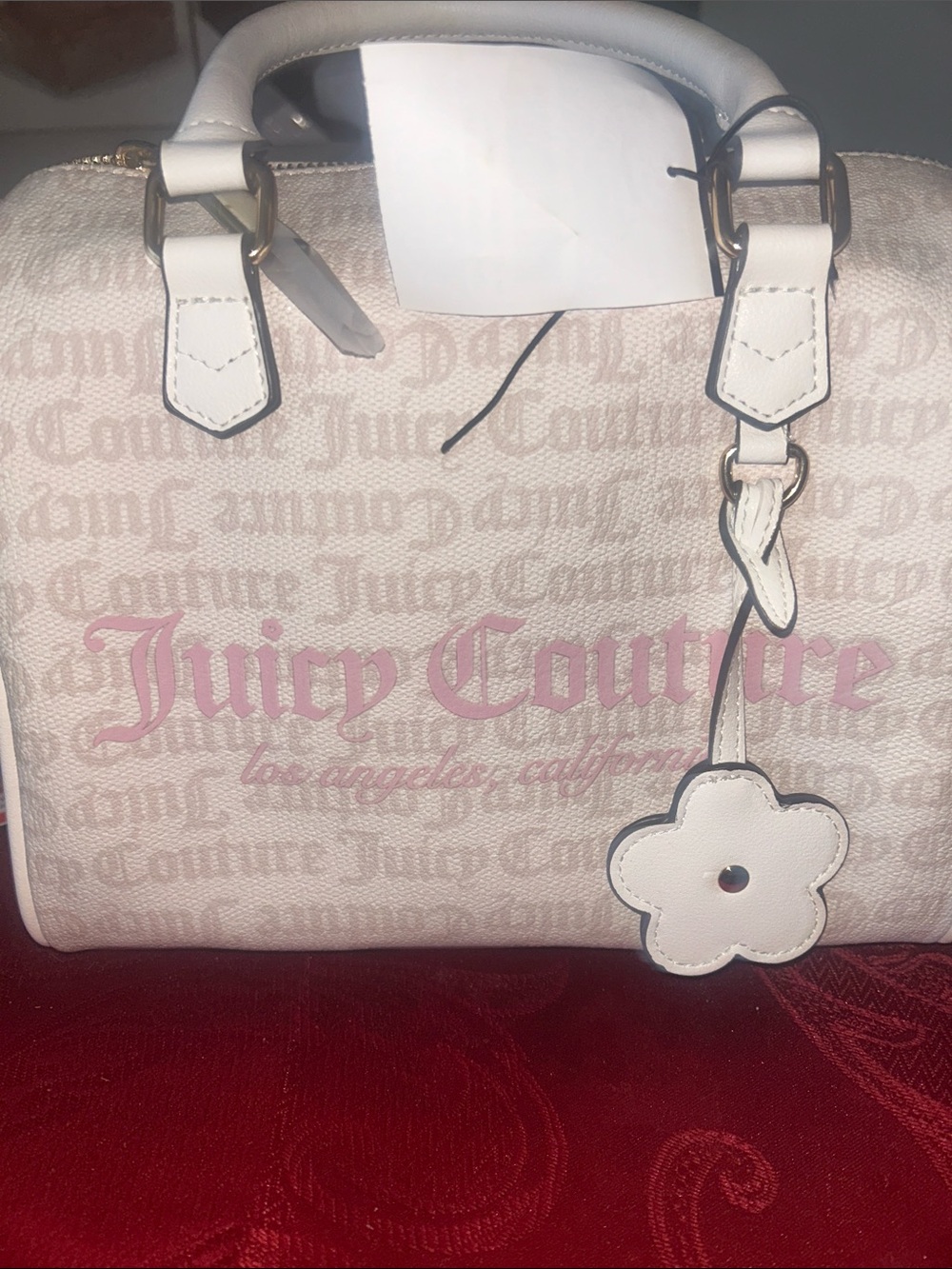 Juicy Couture Cream Satchel with Pink Logo and Floral Charm